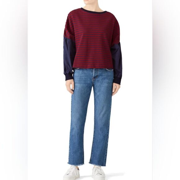 MSRP $295 Kinly Shirred Shoulder Sweatshirt Size Small Red and Navy Stripes RTR - Picture 1 of 12